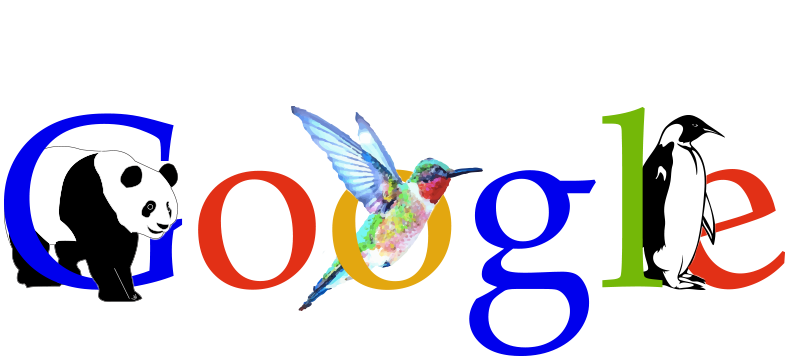 Google logo with panda, hummingbird, and penguin to represent each update.