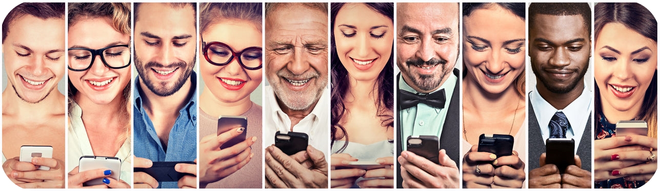 happy people using mobile smart phone
