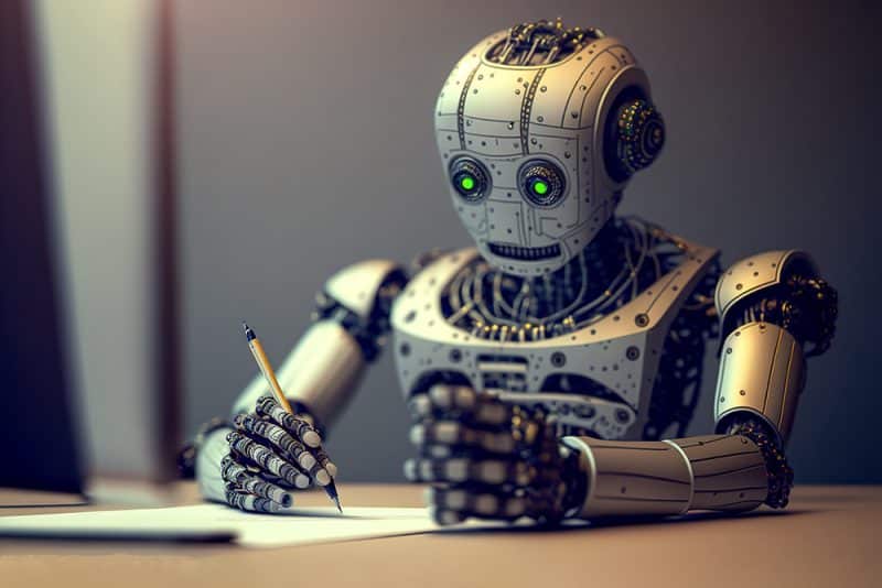 robot writing words on a notepad representing content written by ai