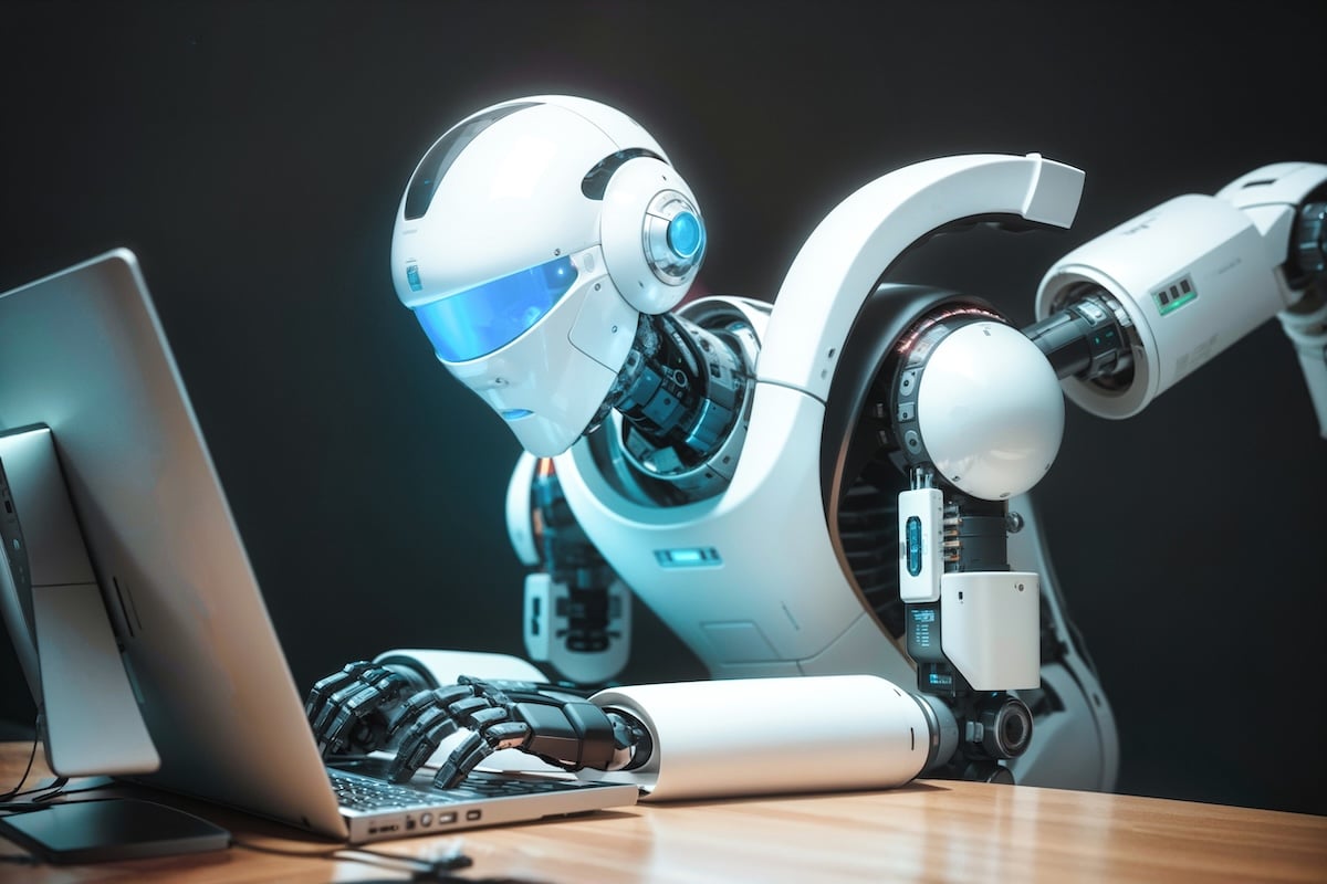 robot using a computer illustrating the use of ai search engines