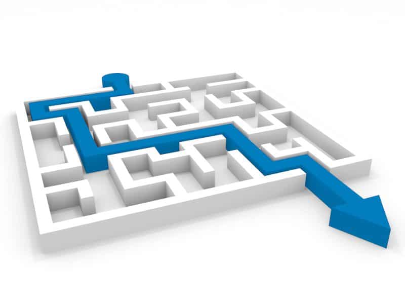 maze with a blue arrow solving the correct path